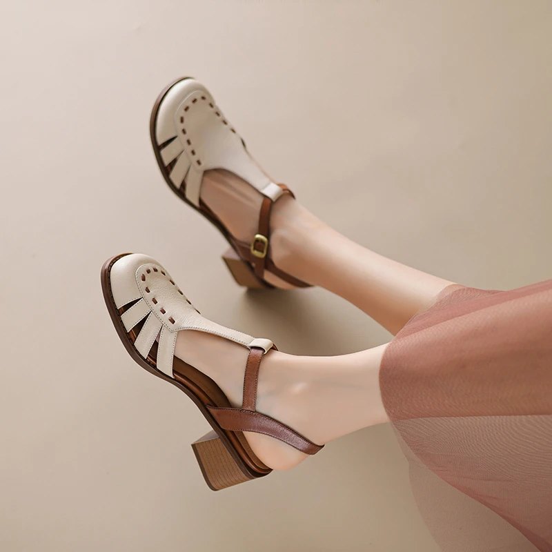 巨好看~小众设计罗马鞋夏季百搭复古半包头粗跟凉鞋L666
