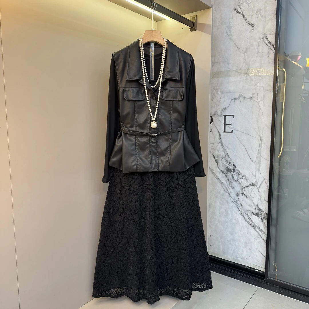 秋季大码新款时尚欧货气质高品质马甲+长袖连衣裙两件套套装2558
