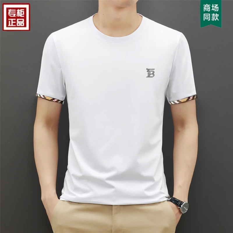 夏季新款圆领刺绣短袖T恤男装欧洲站潮牌轻奢简约丝光棉舒适半袖