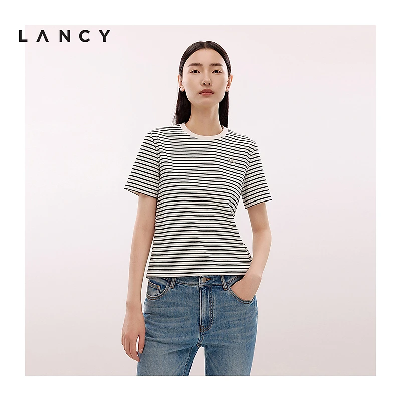 LANCY/朗姿2025年夏新款简约休闲撞色条纹圆领短袖T恤女气质显瘦