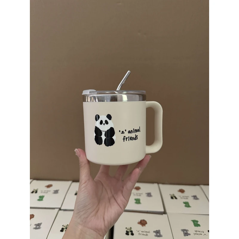 熊猫马克杯· 可爱咖啡杯子精致吸管杯带盖304不锈钢拿铁随手杯