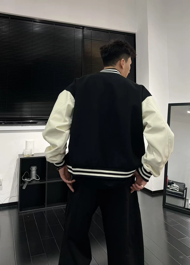 YJ玖柒美式复古撞色棒球服男女秋季学院风短款外套情侣上衣6307