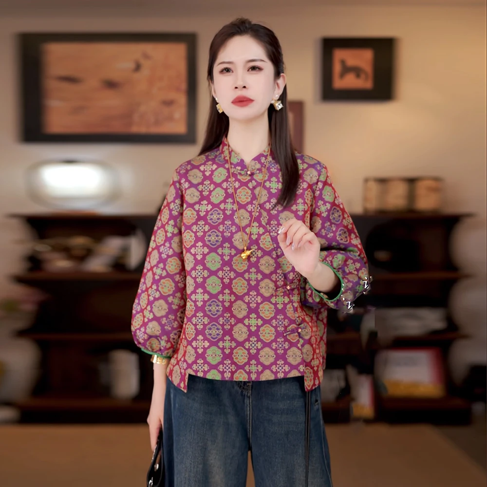 时尚复古中式国风秋季长袖立领盘扣妈妈装遮肚子宽松百搭上衣女装