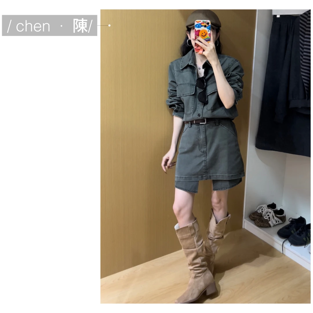 chen·陳时髦精  工装风  设计感牛仔连衣裙(配皮带)