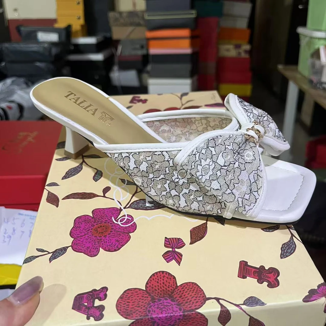 93727016  米色  新款 蝴蝶结高跟夏季凉拖鞋