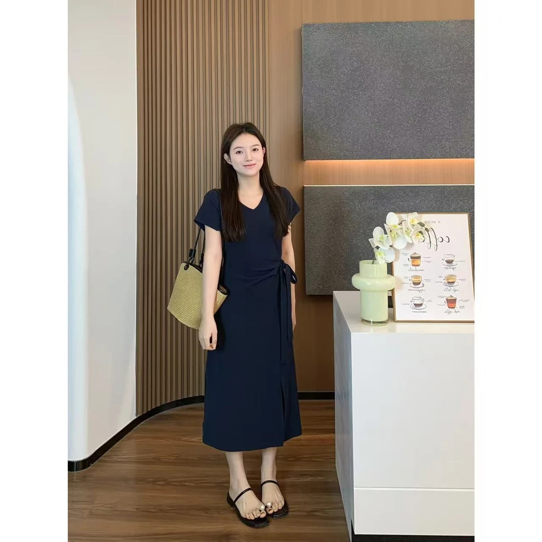 小羽酱小个子定制夏季法式气质V领收腰侧绑带前开叉连衣裙长裙子