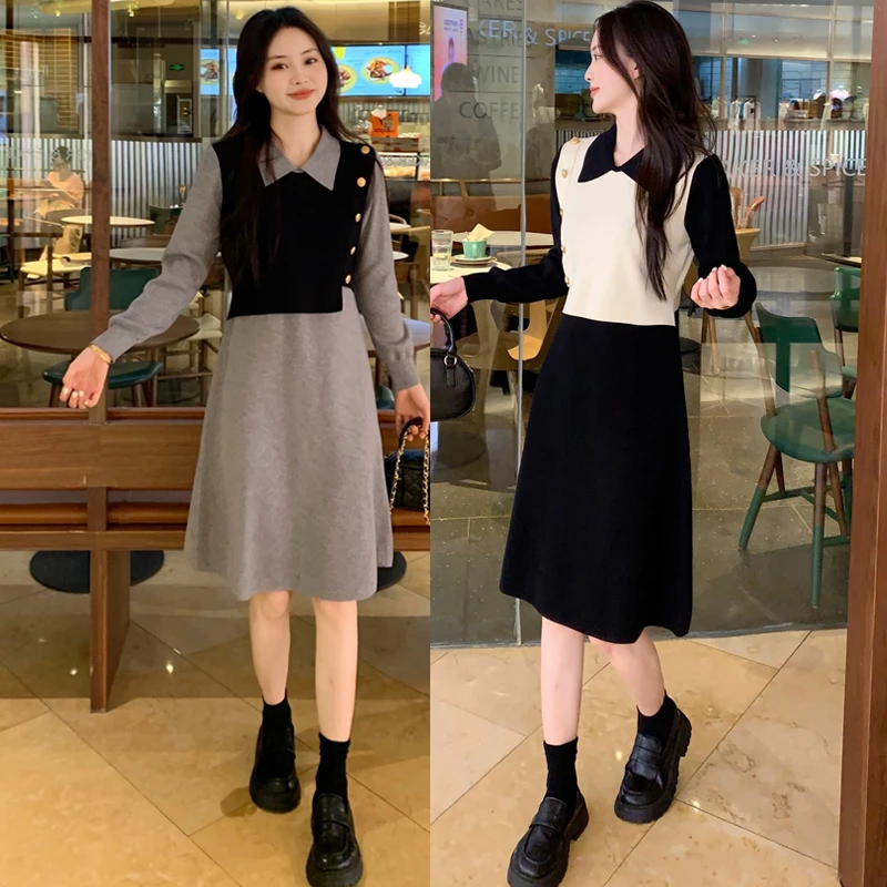 2025秋冬大码女装学院风长袖连衣裙秋冬收腰假两件针织裙子#88677