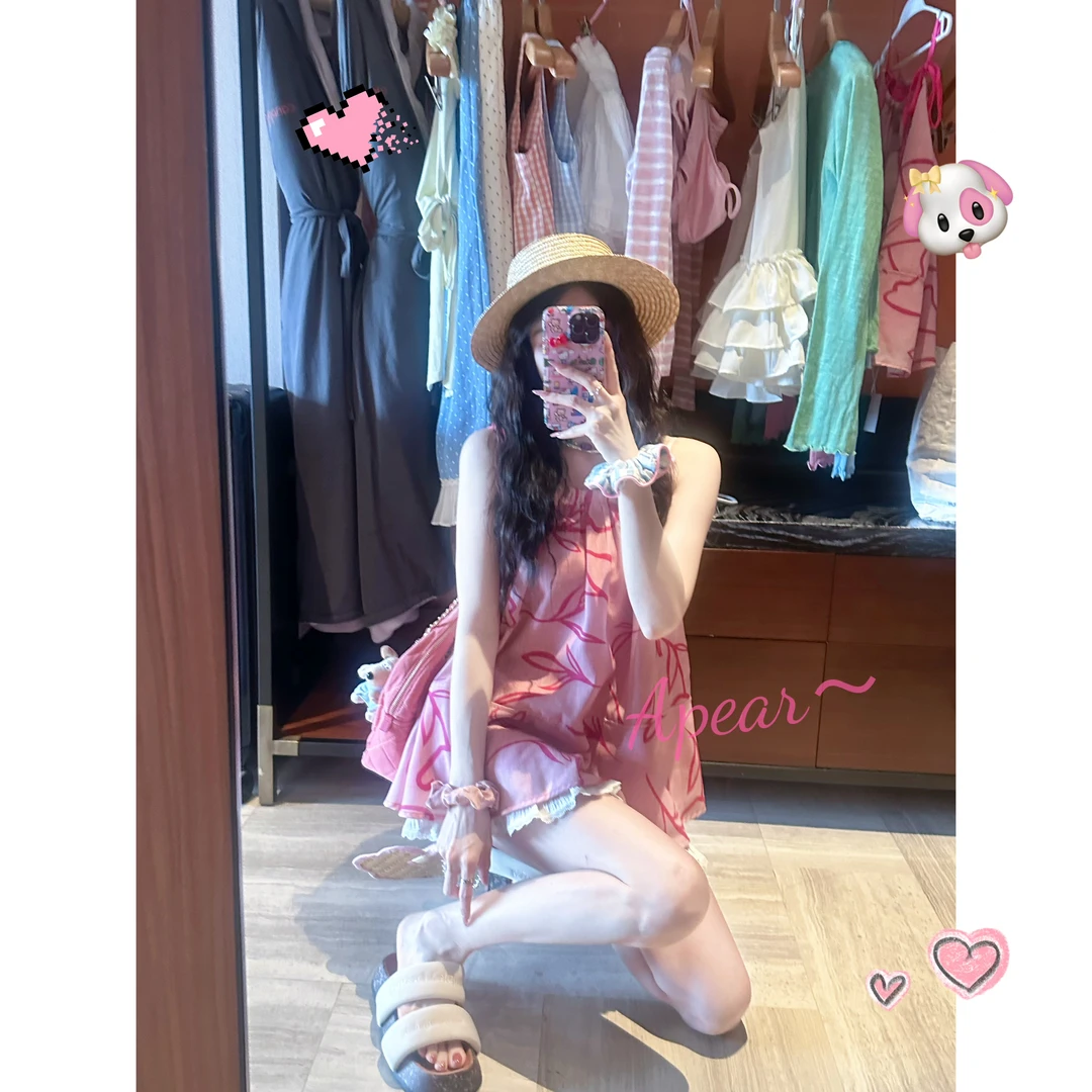 Apear♥三叶千绘~夏季韩系甜美时尚宽松显瘦撞色印花吊带