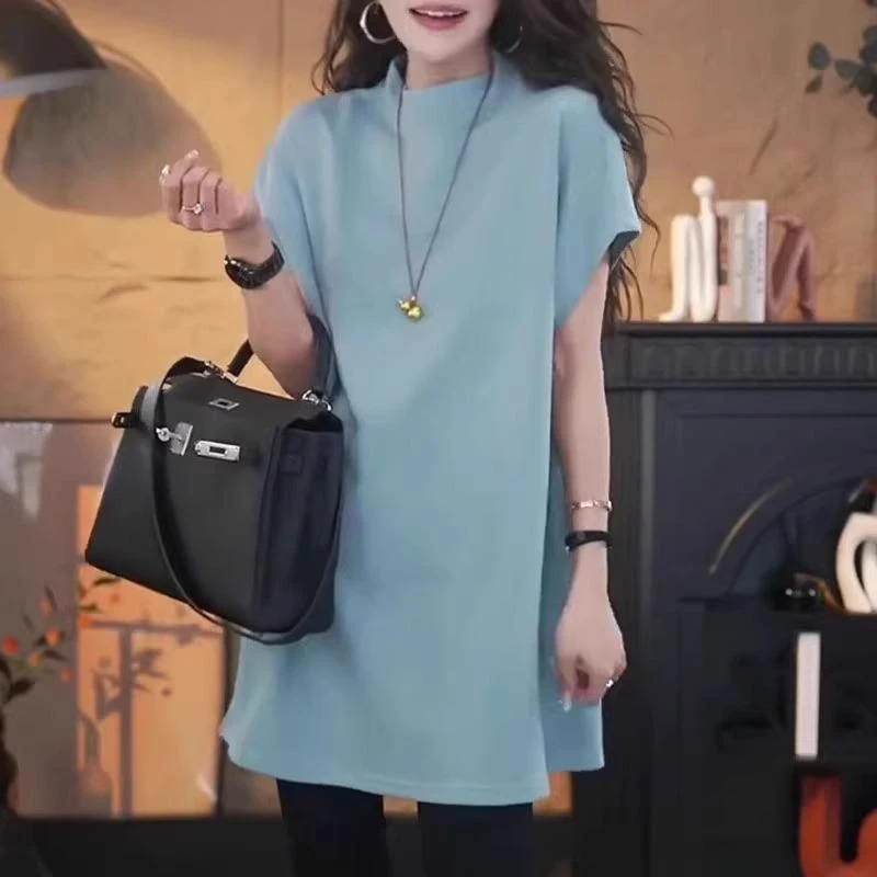 大码胖显瘦独特蓝色中长款上衣2025夏季胖大码时尚减龄恤女