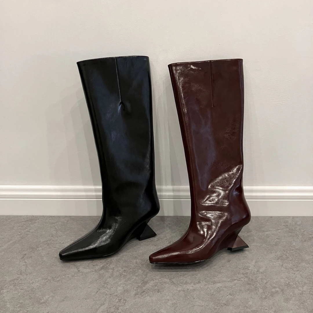 法式小众设计师异形跟网红长靴秋冬新款百搭大筒围高筒靴长筒高跟