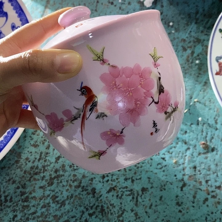 摆件陶红稀土水点桃花猪油罐