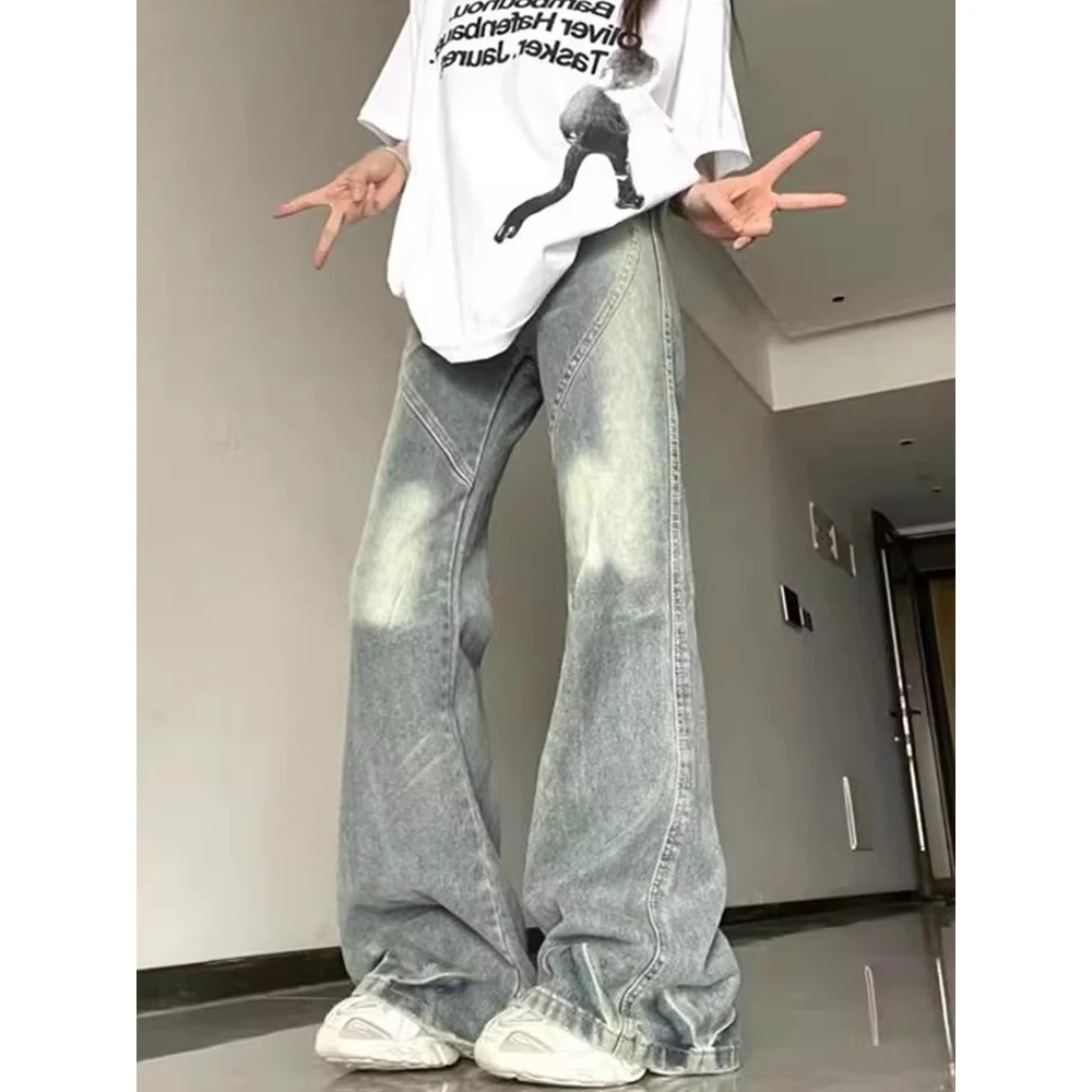 美式高街微喇叭牛仔裤女2025年春夏新款高腰水洗复古直筒阔腿裤