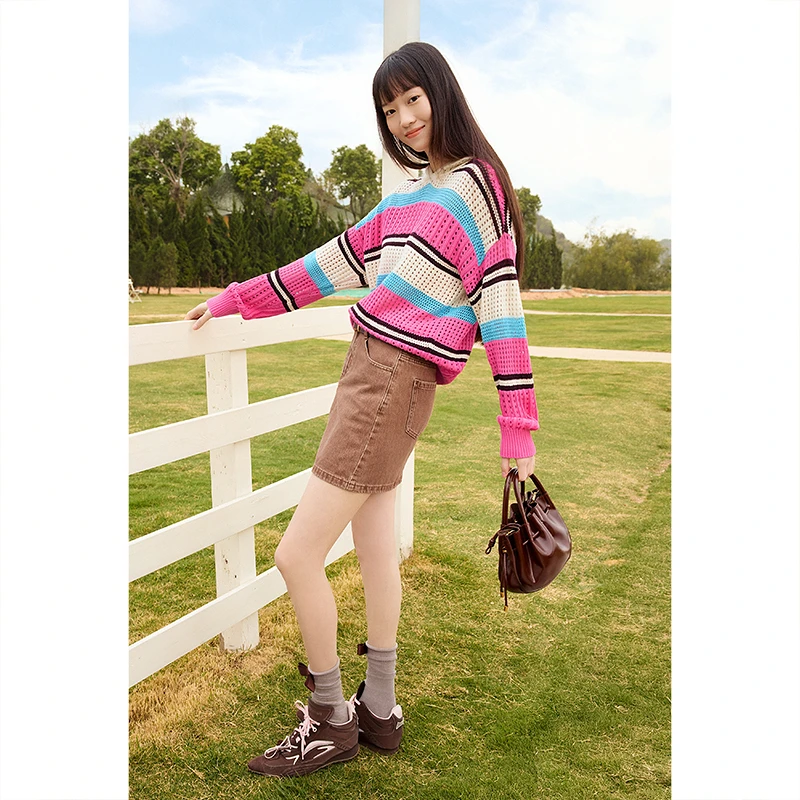 ToyzY25春新款多巴胺镂空条纹纯棉连帽针织衫女ZC35106080