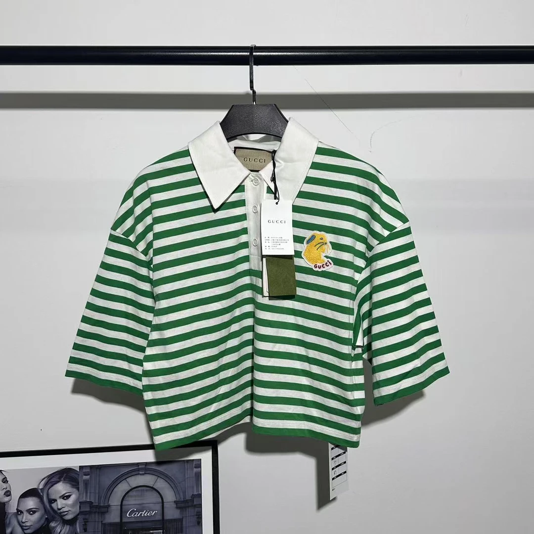 全新未使用 GUCCI/古驰 兔年限定短款绿色条纹短袖/XXS码