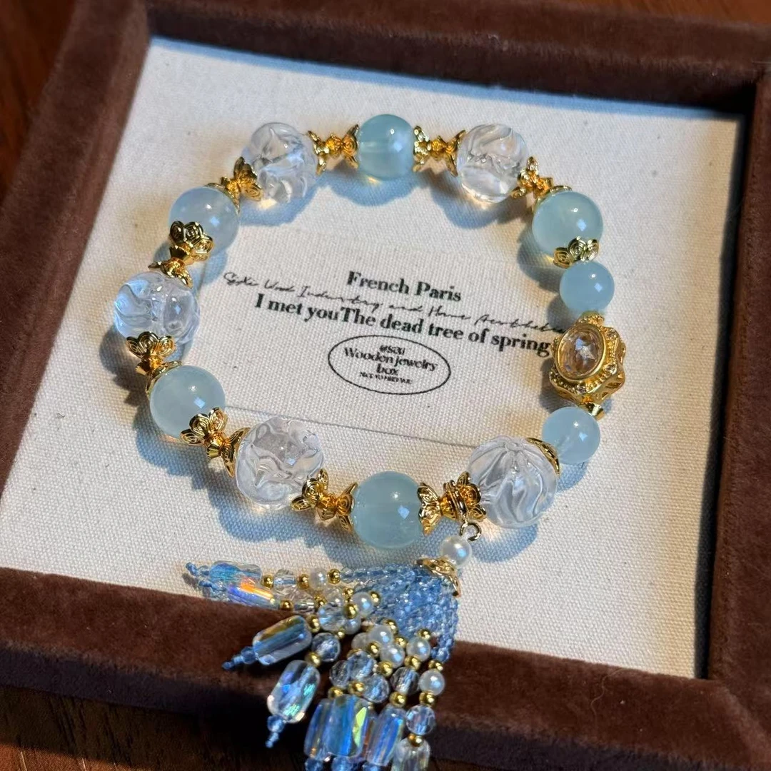 九尾狐球狐雕刻白水晶海蓝宝手串手链 颜色微差多样性发其一L61