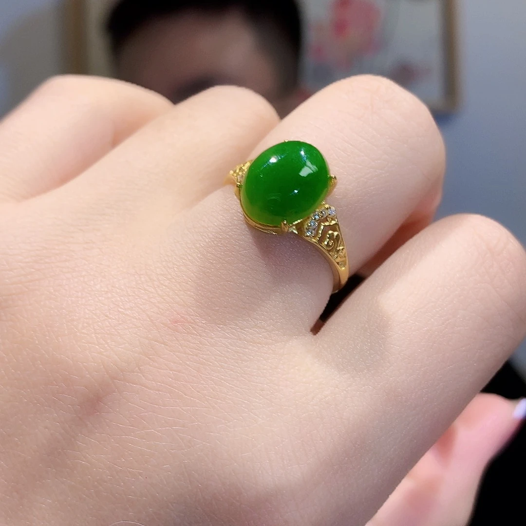 和田玉（碧玉）戒指银S925镀金镶嵌