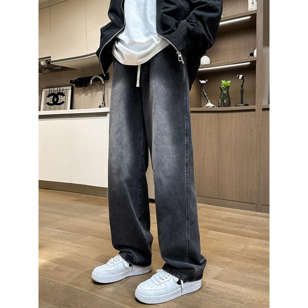 直筒水洗牛仔裤子男夏季款美式高街宽松阔腿裤潮牌休闲长裤