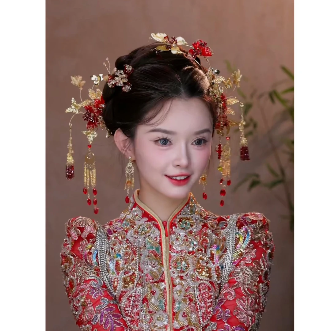 「锦上花」新娘头饰红金色系百搭秀禾头饰0104K