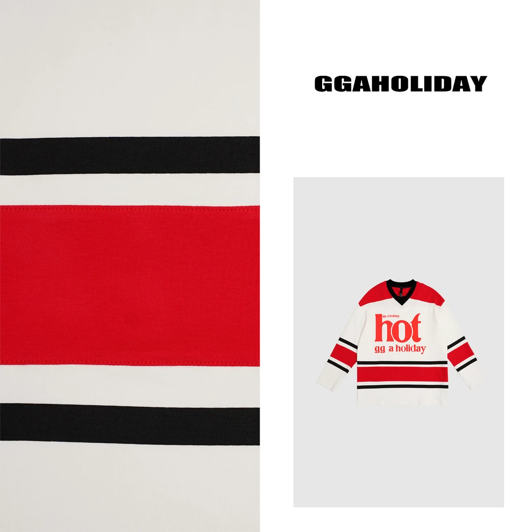 GGAHOLIDAY新款时尚休闲宽松撞色套头潮流V领长袖T恤上衣-151237