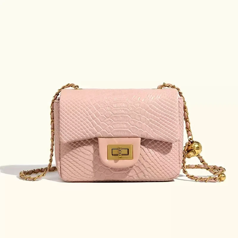 020夏季小香风包包斜跨蛇纹小金球链条时尚女包#粉色