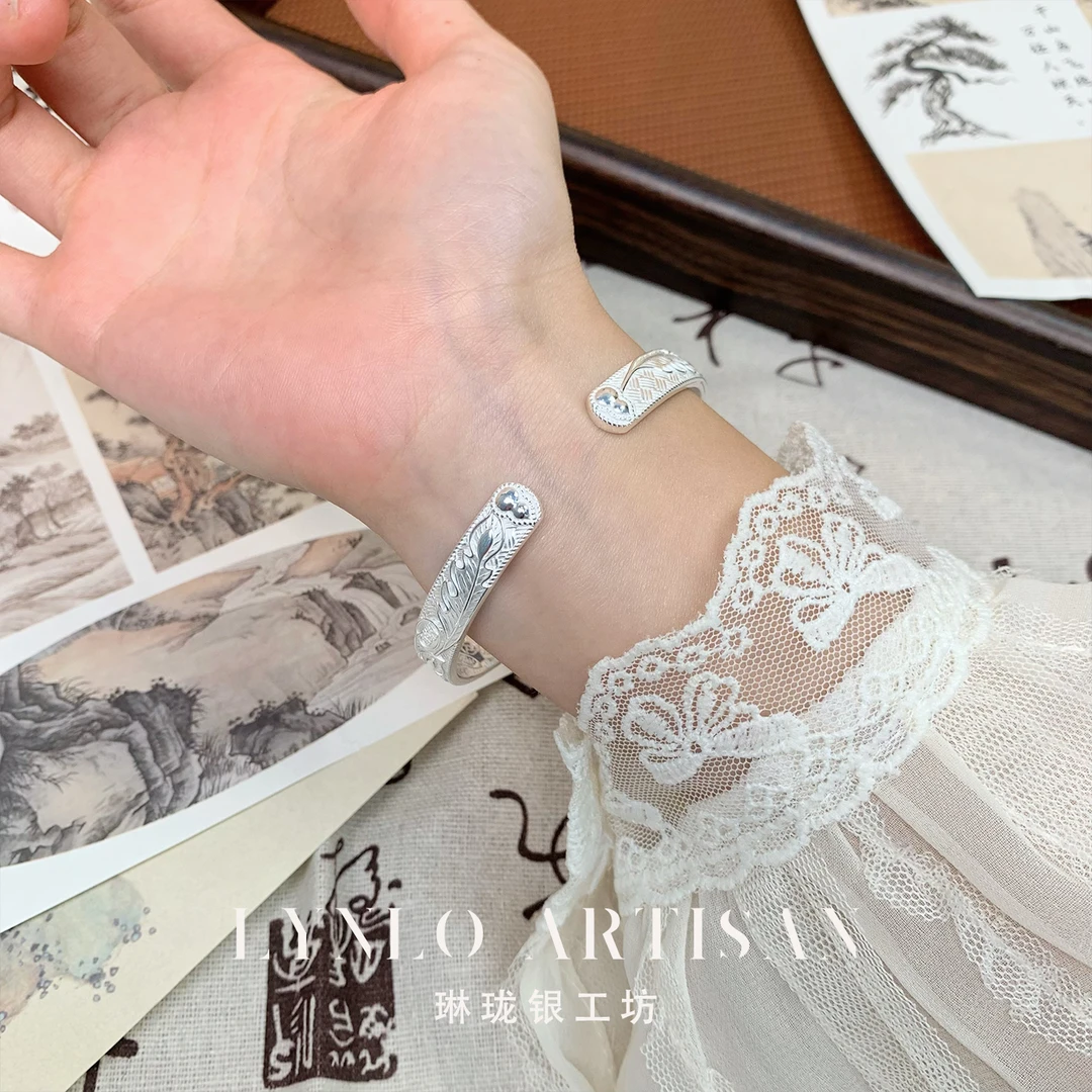 足银手镯 【琳珑银工坊】雕花凤羽吉言手镯气质民族风可吉言银手镯