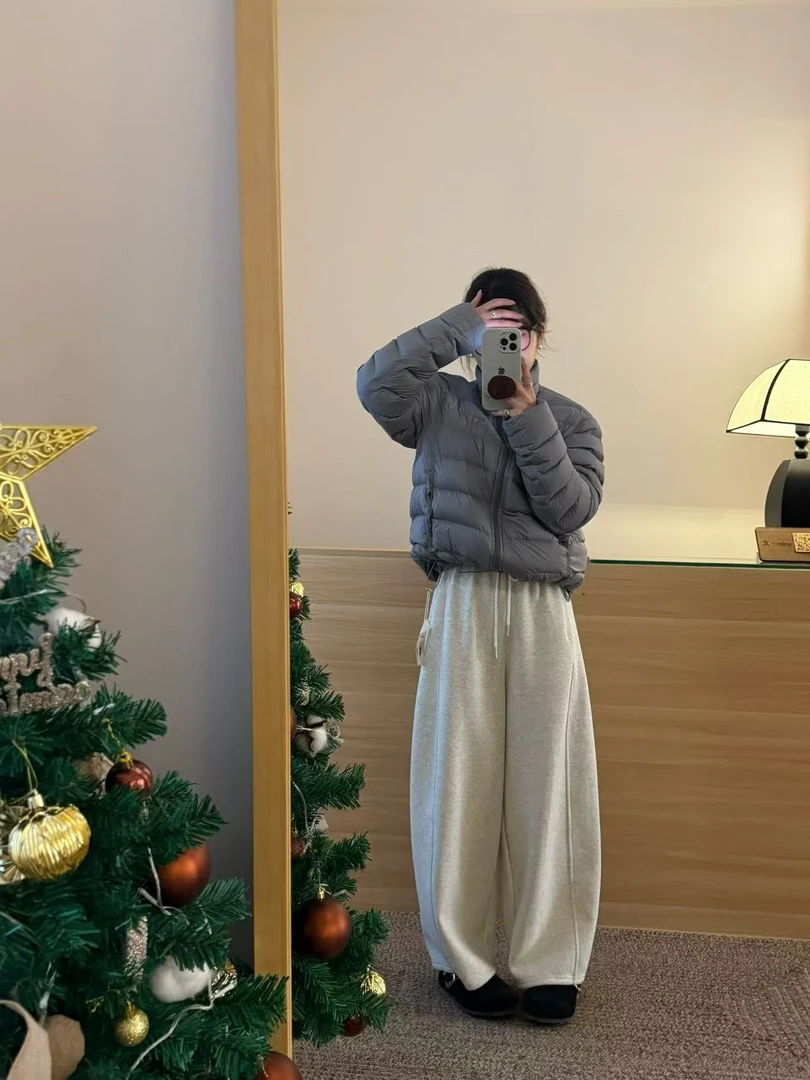 2026秋冬新款韩系气质灰色短款显瘦棉服外套高腰百搭显瘦休闲裤