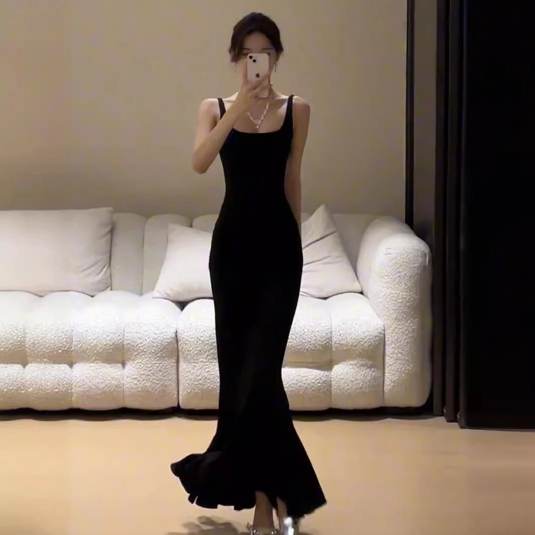 步步生莲小个子鱼尾裙修身显瘦气质连衣裙女夏黑色纯欲吊带包臀裙