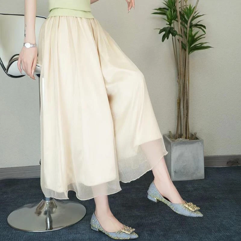 高级感飘逸流光裙裤休闲高腰垂感宽松阔腿裤2025新款夏天裤子薄款