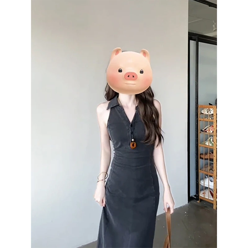 韩系不规则无袖V领连衣裙女夏季新款时尚修身显瘦独特好看A字裙潮
