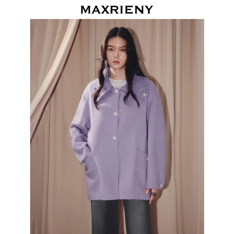 MAXRIENY慵懒感穿搭毛织领羊毛大衣女25冬款亲肤软糯双面呢外套
