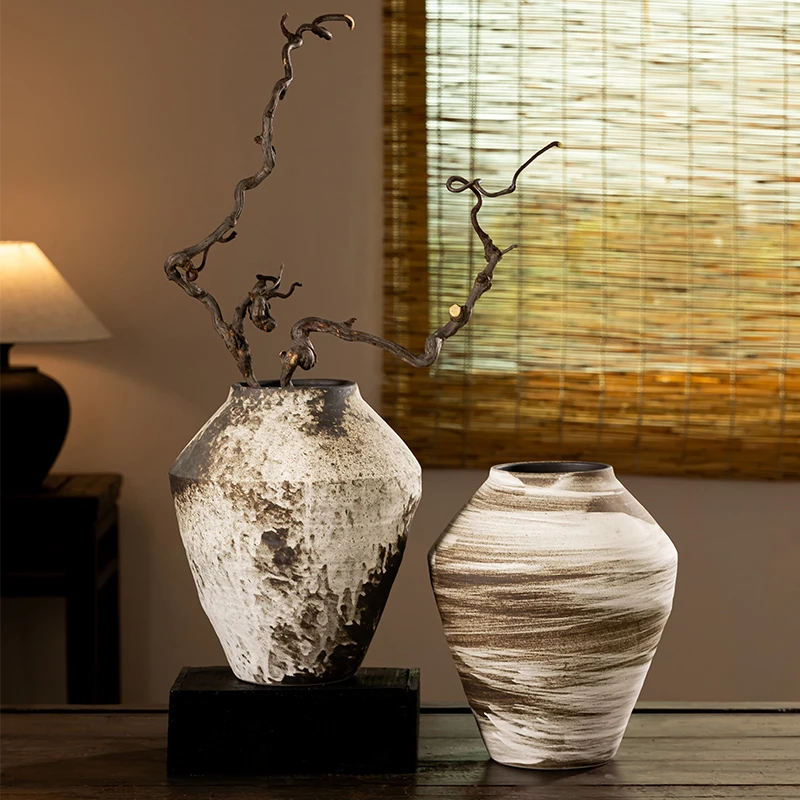 中国风禅意粗陶花瓶景德镇侘寂风复古陶罐酒店民宿装饰插花摆件