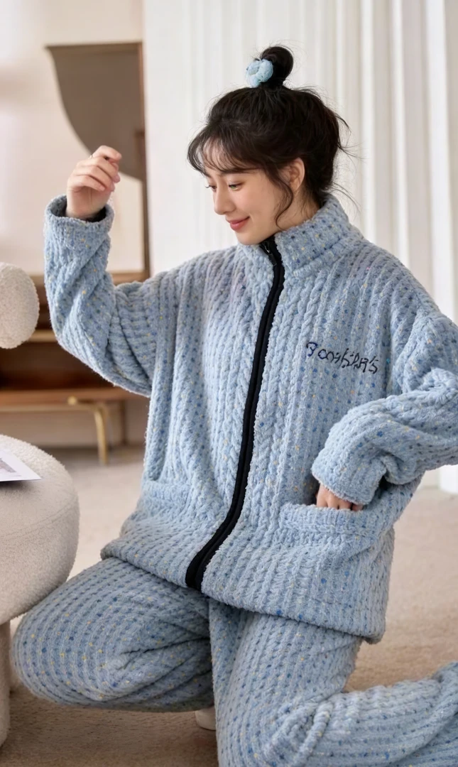 睡衣秋冬季开衫甜美加厚保暖珊瑚绒家居服蓝色套装黑色拉链