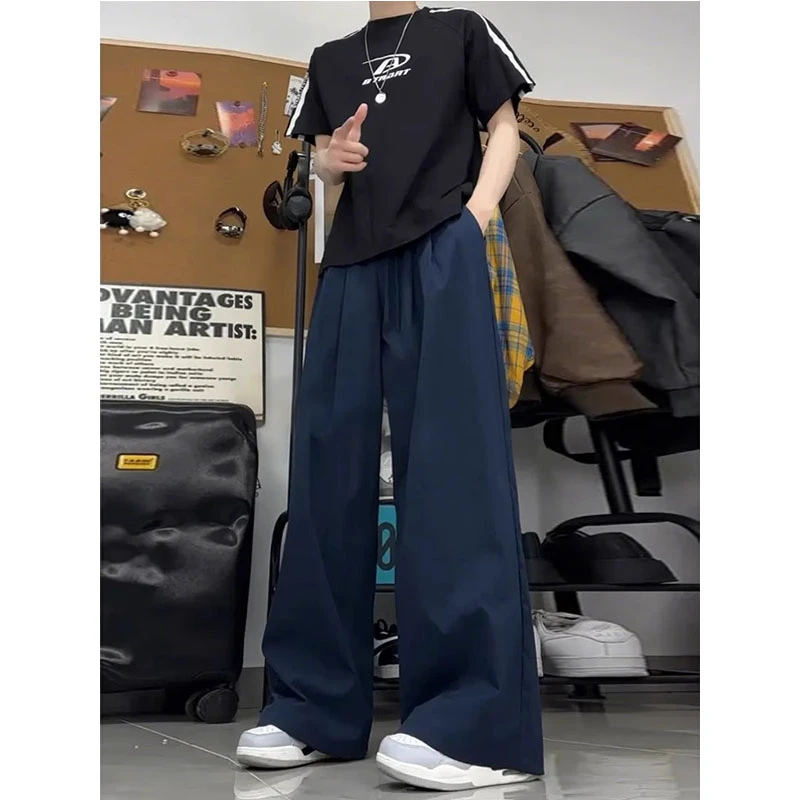 美式复古藏青色山本裤男夏季薄款冰丝速干裤子垂感直筒宽松阔腿裤