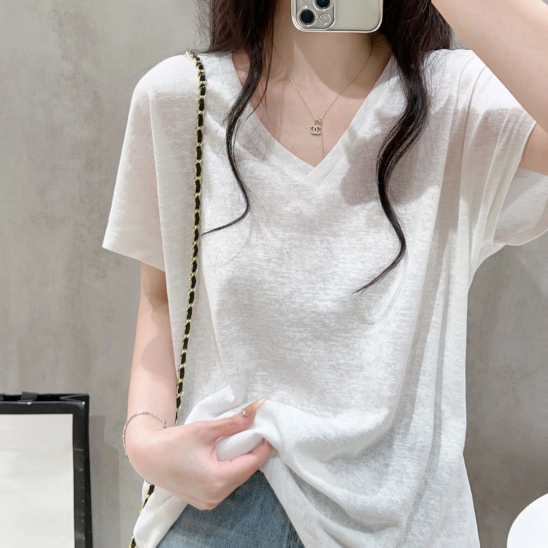 欧货短袖V领薄款白色t恤夏女宽松显瘦慵懒风小众体恤休闲百搭上衣