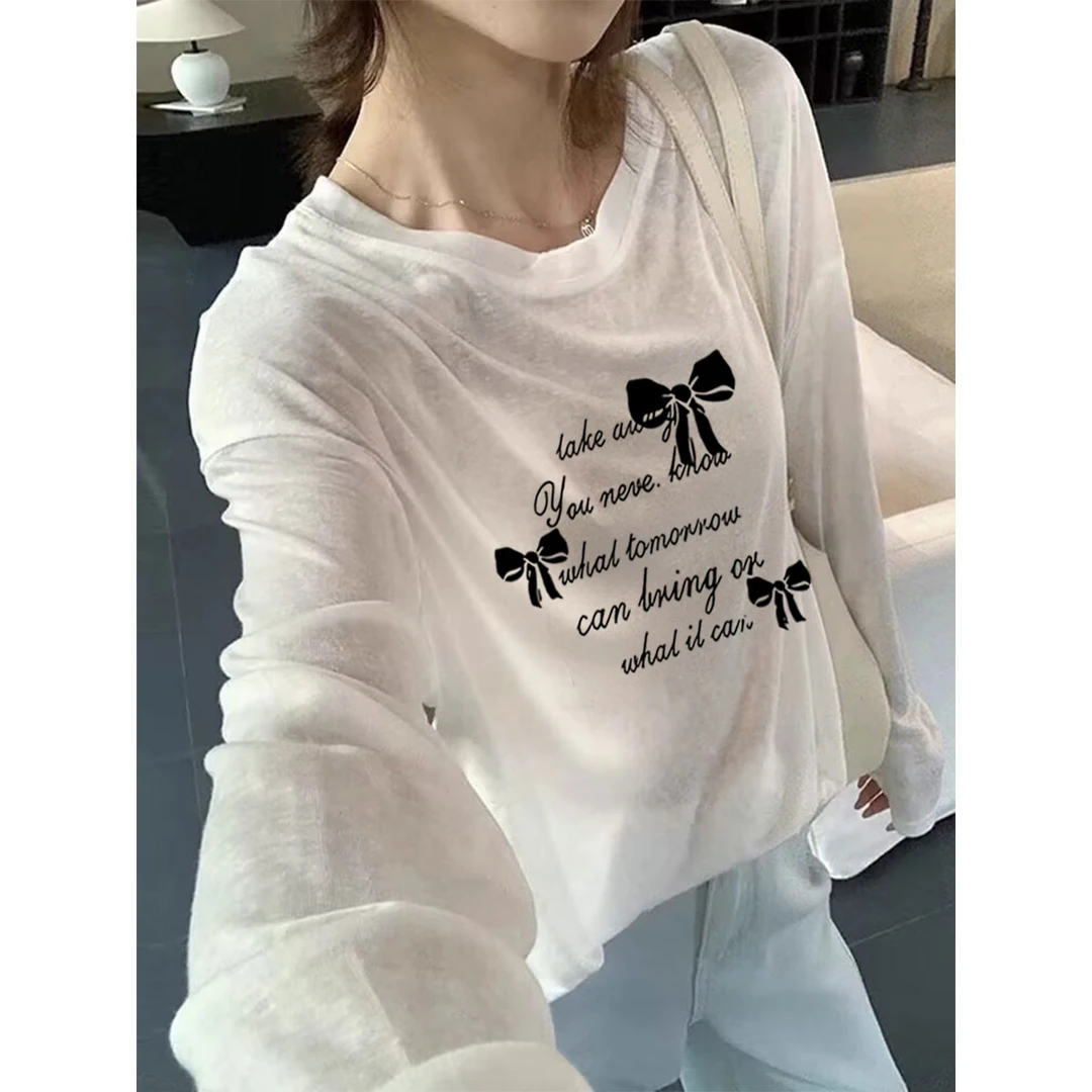 夏季白色空调衫正肩圆领长袖T恤女款宽松防晒罩衫上衣设计感小众