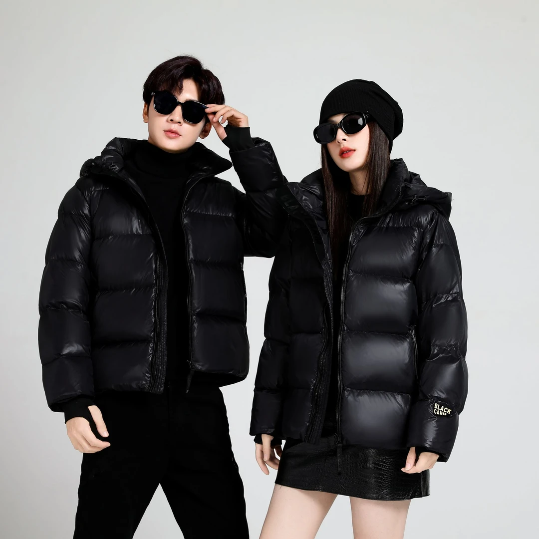 男女同款白鸭绒黑金连帽短款宽松保暖冬衣HJ-001