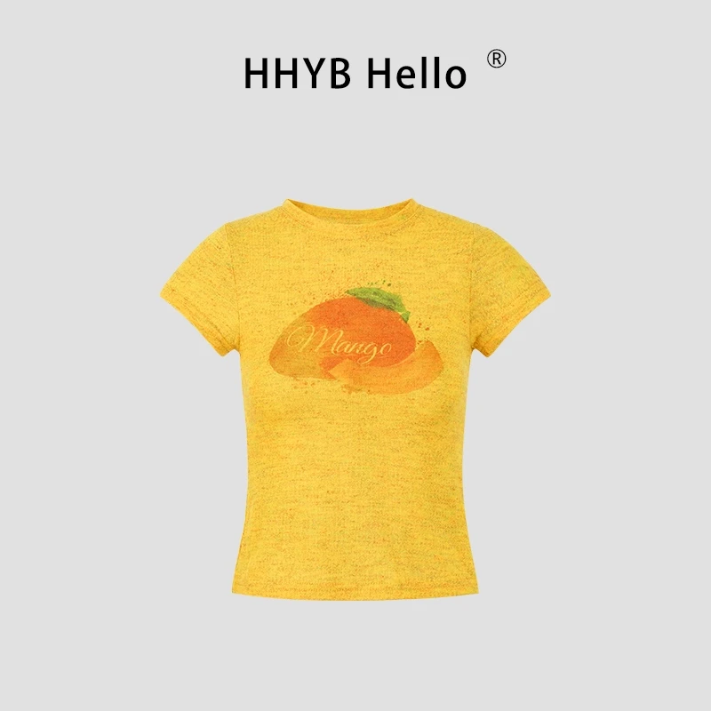 HHYB Hello绝美T恤彩色印花上衣女2025夏新款百搭显瘦多巴胺上衣