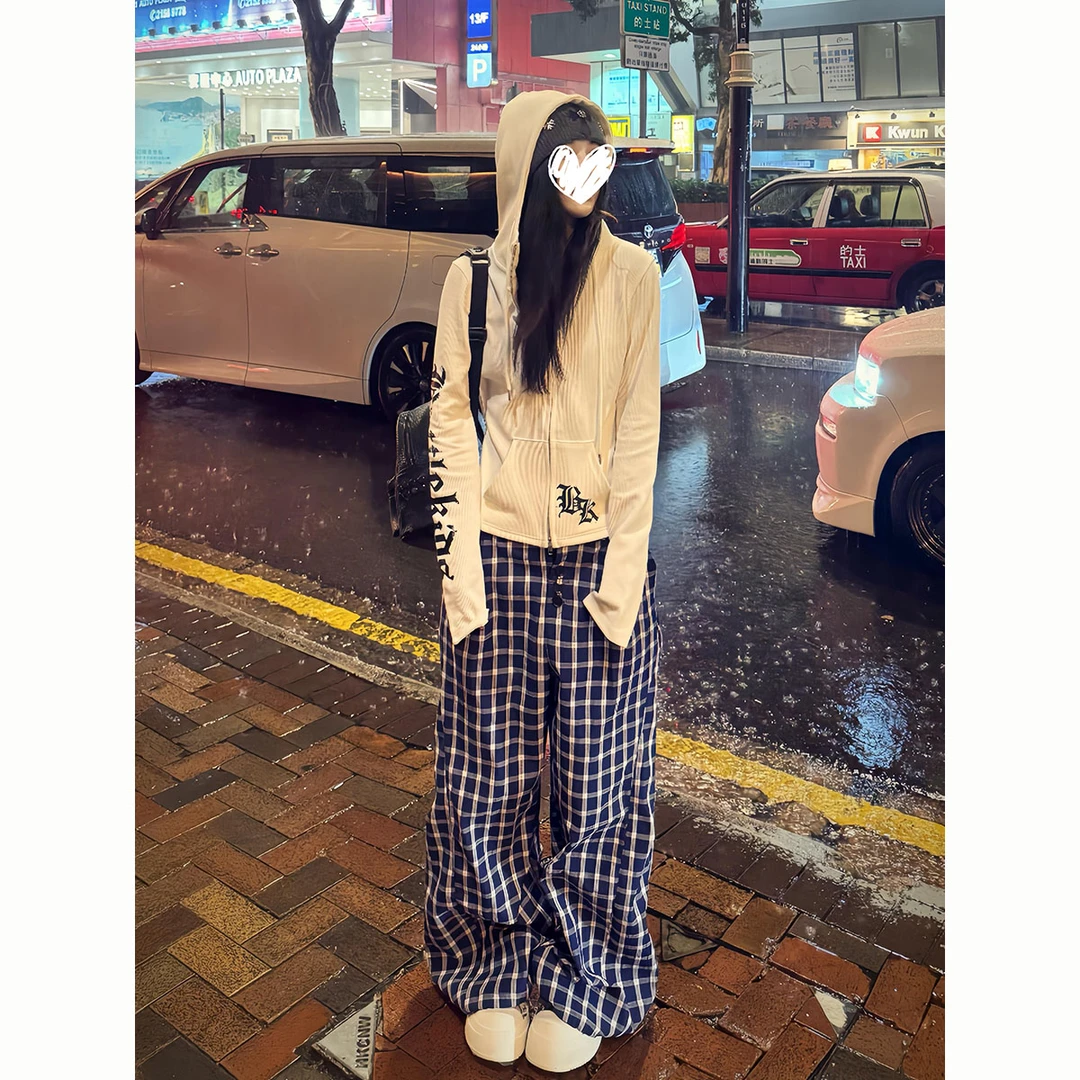 美式辣妹针织衫短款外套修身显瘦连帽卫衣秋季格子宽松休闲裤套装