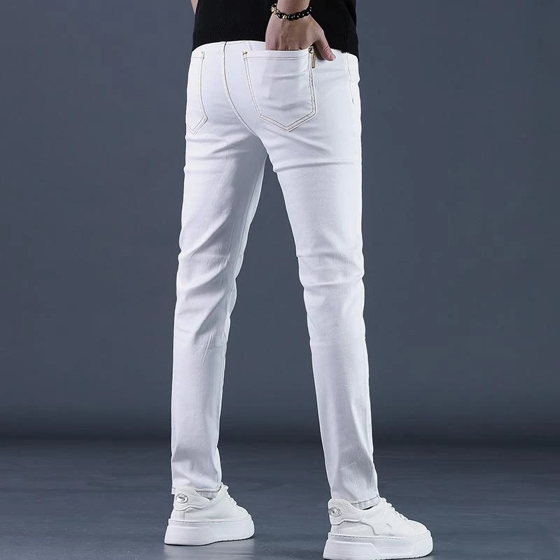 高端春季新款时尚百搭纯黑色牛仔裤男款修身小脚弹力男士裤子潮牌