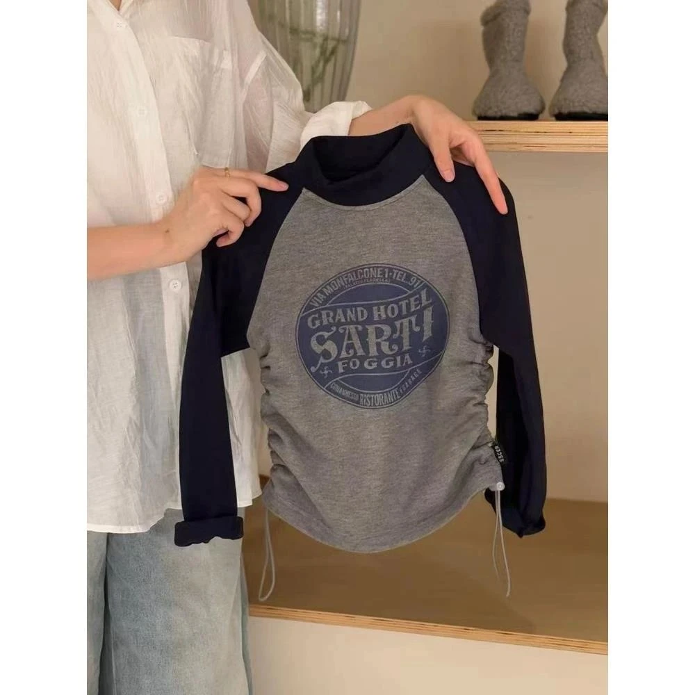 女童秋冬款长袖打底衫中大童洋气时髦半高领拼色插肩袖上衣加厚