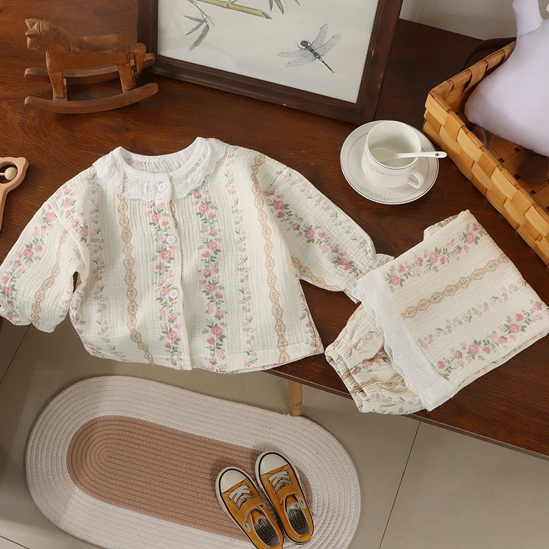 新款儿童双层棉纱布睡衣纯棉春夏秋男女童宝宝纱布空调家居服套装