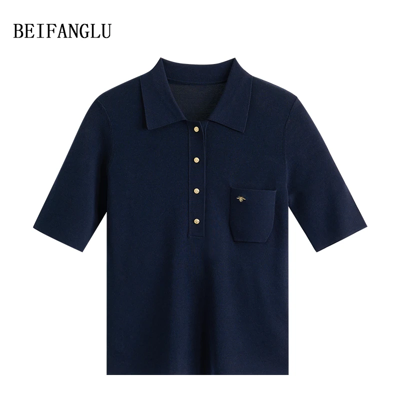 【北方鹿】艺术浮雕小金扣 2025夏季新款法式气质POLO领短袖W9306