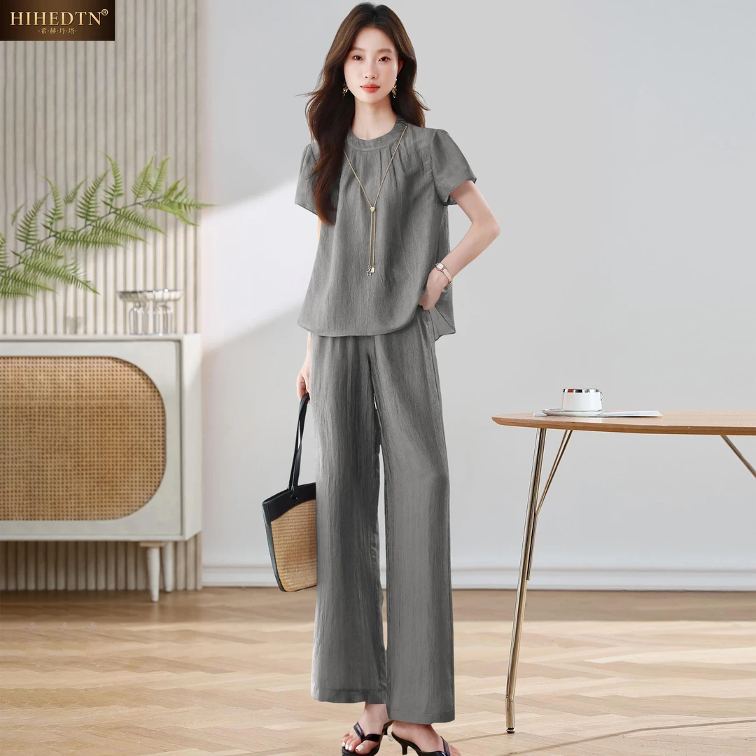 希赫丹塔冰丝时尚套装女夏季薄款宽松遮肚子显瘦减龄阔腿裤两件套