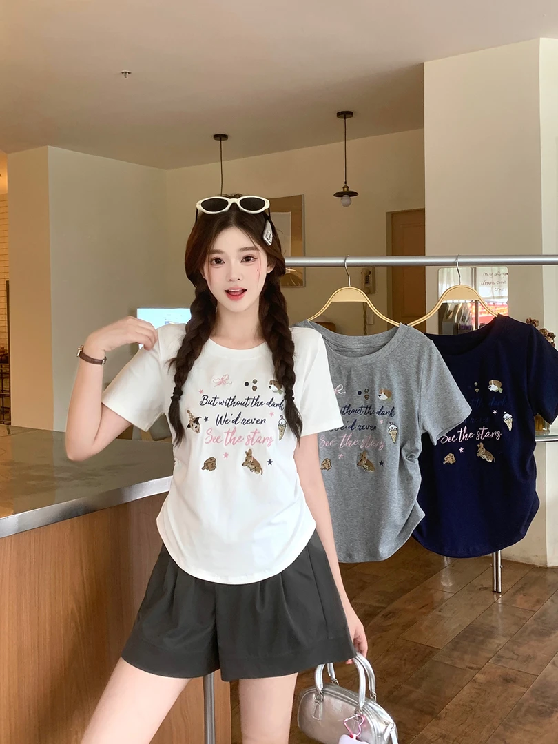 2025年慵懒风大码女装夏季基础款圆领正肩刺绣短袖T恤上衣