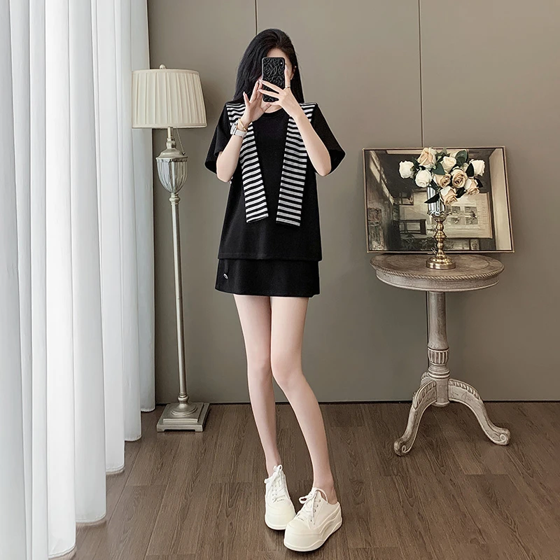 黑色套装裙2025新款夏装一整套气质减龄遮肉显瘦宽松休闲两件套女