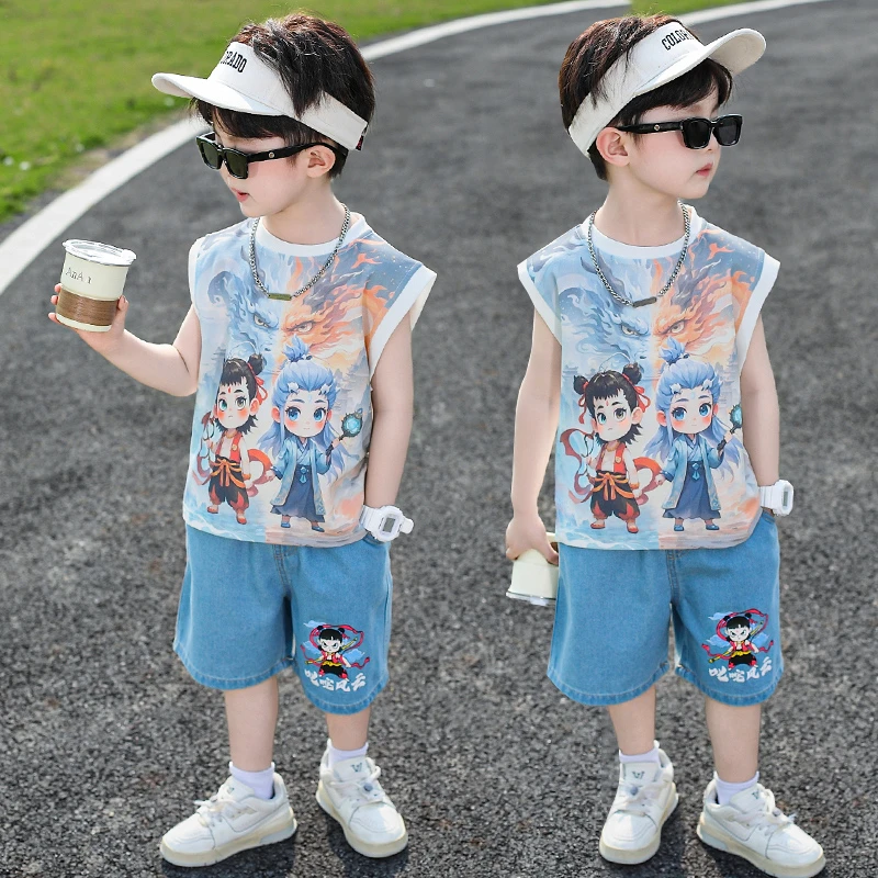 哪吒儿童衣服男童夏季背心套装潮流3-6岁男宝宝无袖运动夏装洋气