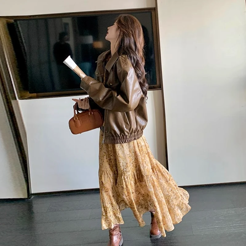 美拉德咖色皮衣短外套女小个子2024春秋新款网红炸街pu皮机车夹克