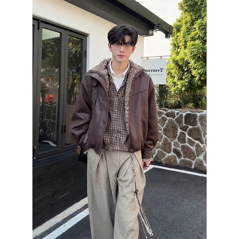 美式痞帅座山雕皮毛一体棉衣男款冬季加厚保暖宽松翻领皮夹克外套