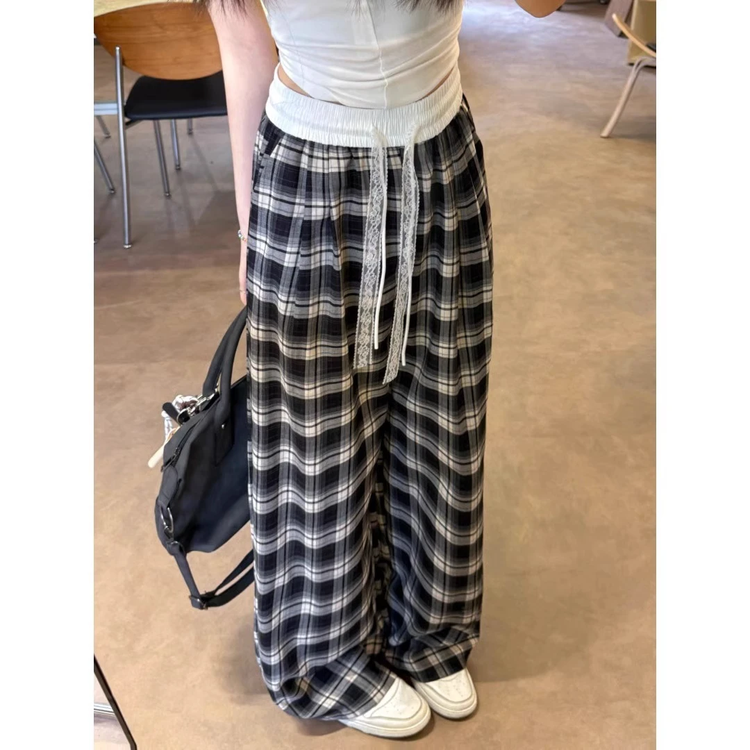 慵懒风格子撞色阔腿裤女2025夏季新款蕾丝抽绳高腰显瘦休闲拖地裤