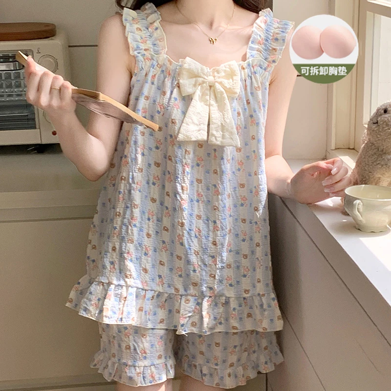 自带胸垫吊带睡衣女夏天薄款套装无袖两件套小个子甜美小众家居服